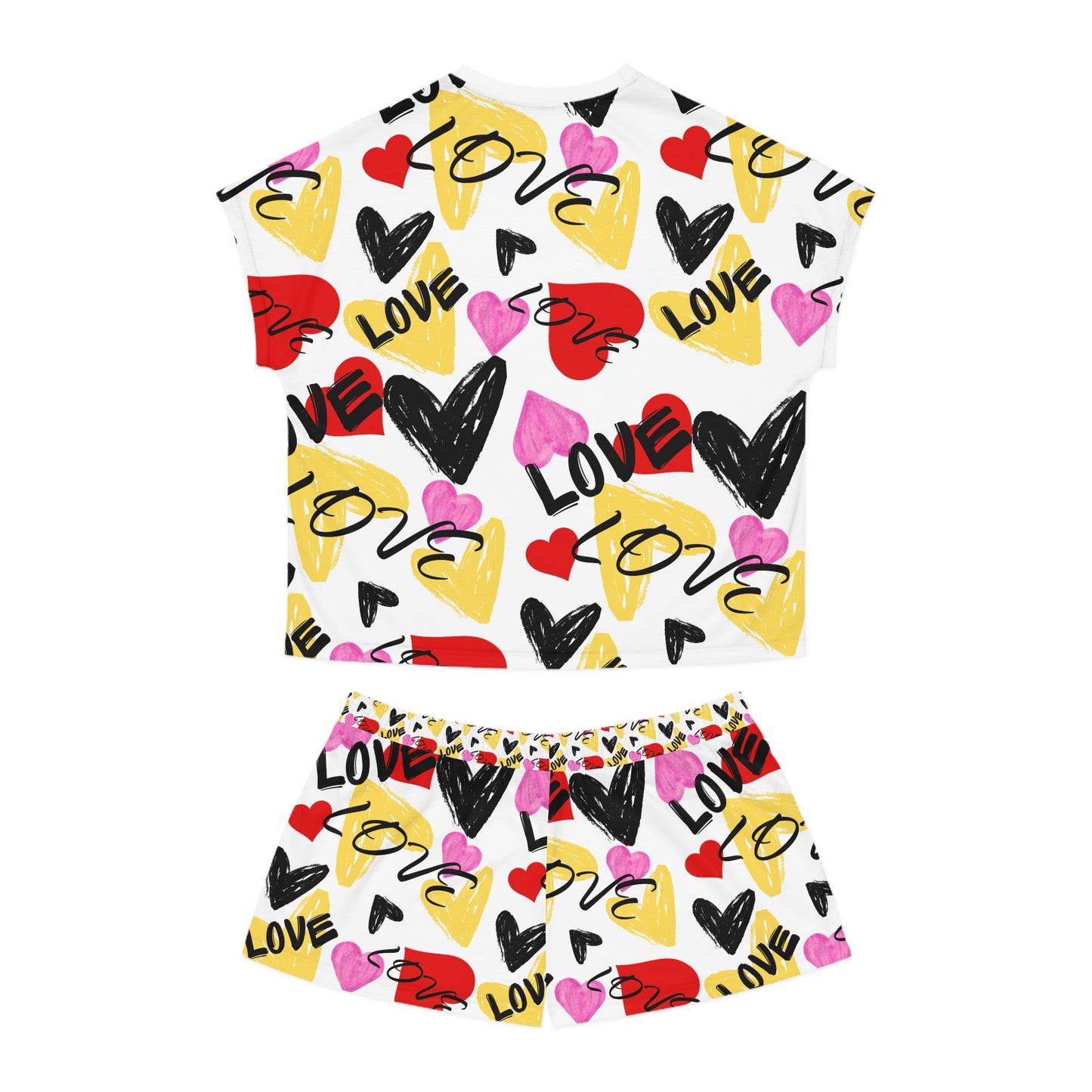 Love Heart Women's Pajama Set, Cute Sleepwear, Valentine’s Day Gift, Cozy Loungewear, AOP PJs, Heart Print Short Set