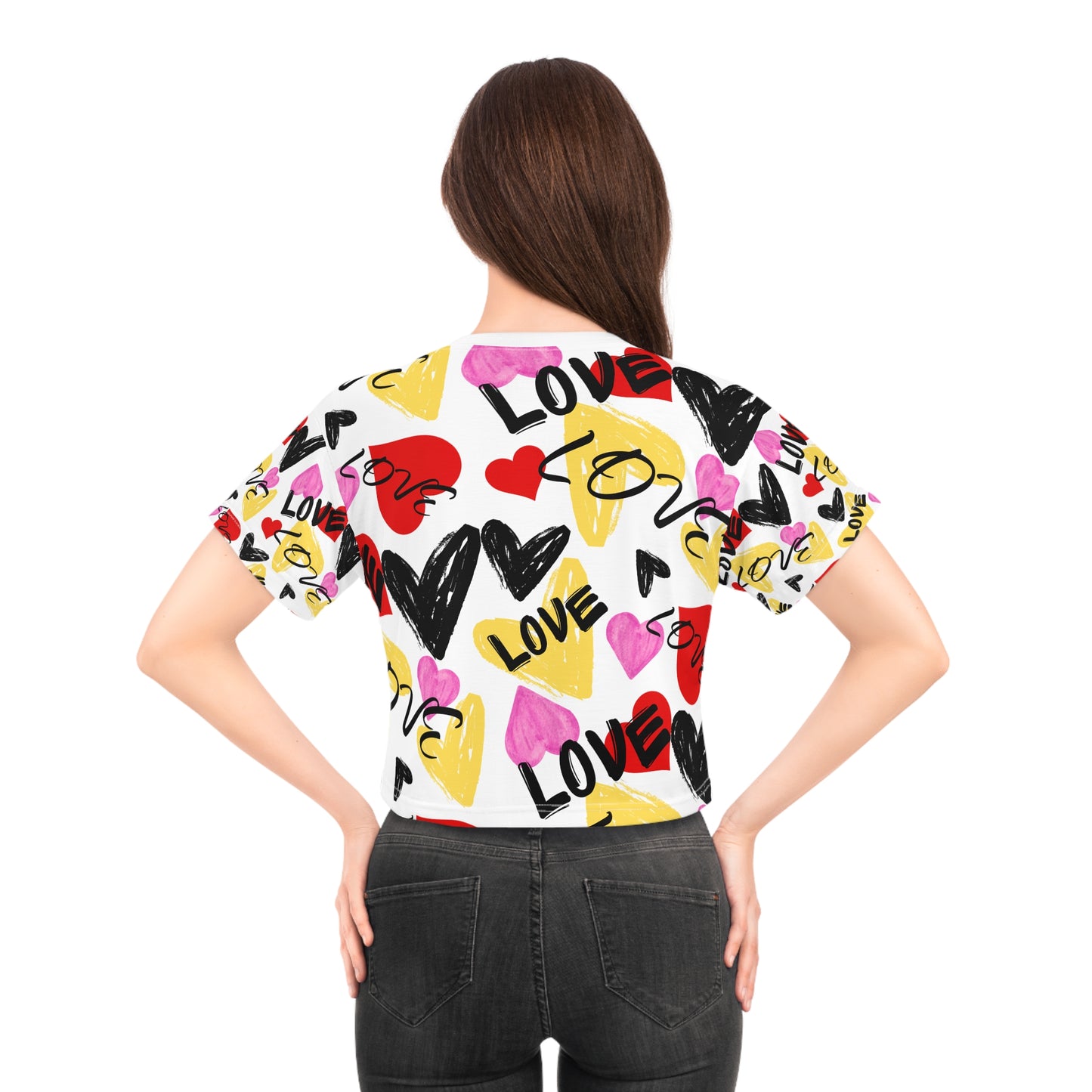 Love Pattern Crop Tee, Cute Love Shirt, Valentine's Day Gift, Casual Summer Top, Trendy Graphic Tee, Heart Print T-Shirt