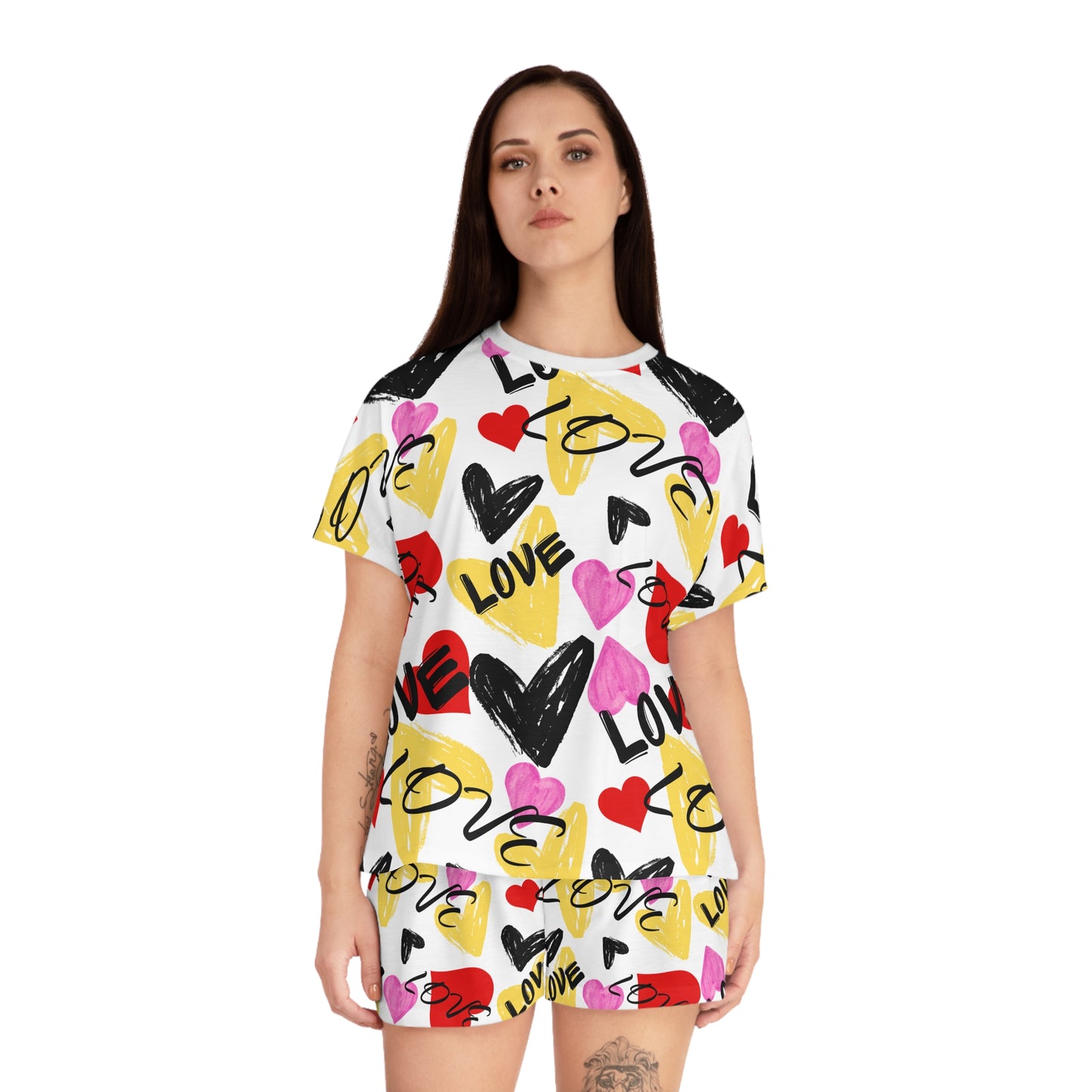 Love Heart Women's Pajama Set, Cute Sleepwear, Valentine’s Day Gift, Cozy Loungewear, AOP PJs, Heart Print Short Set