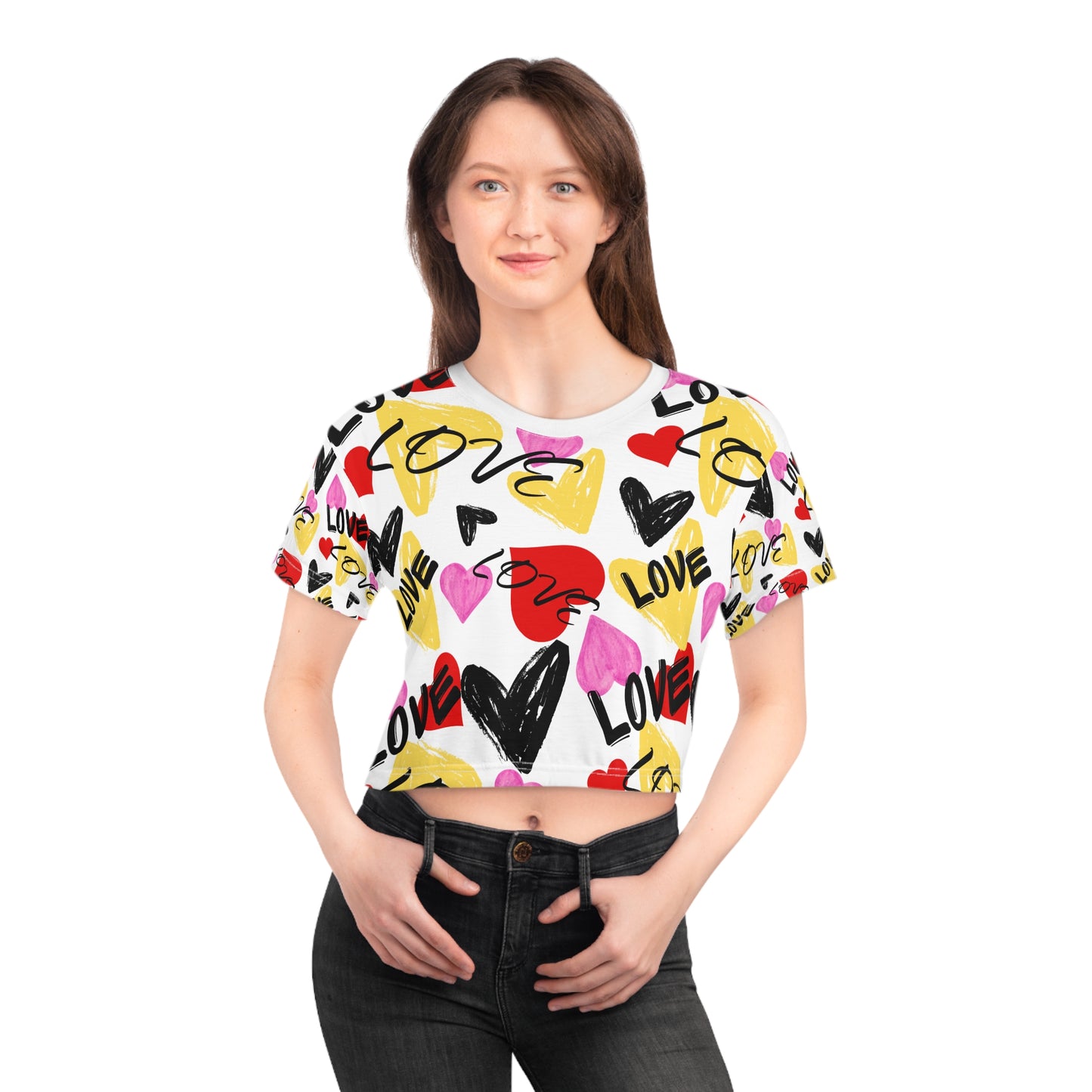 Love Pattern Crop Tee, Cute Love Shirt, Valentine's Day Gift, Casual Summer Top, Trendy Graphic Tee, Heart Print T-Shirt