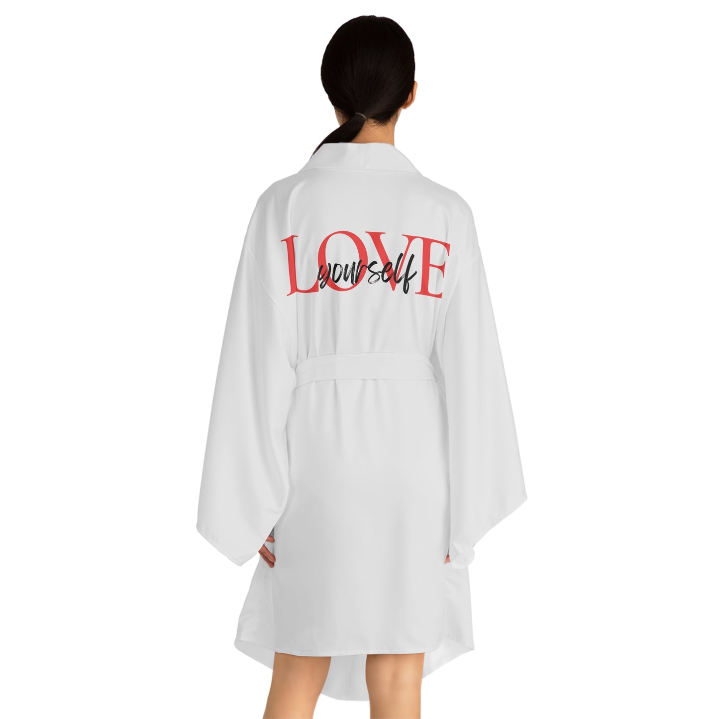 Stylish Long Sleeve Kimono Robe - Love Yourself AOP, Lounge Wear, Relaxation, Gift for Her, Self-Care, Cozy