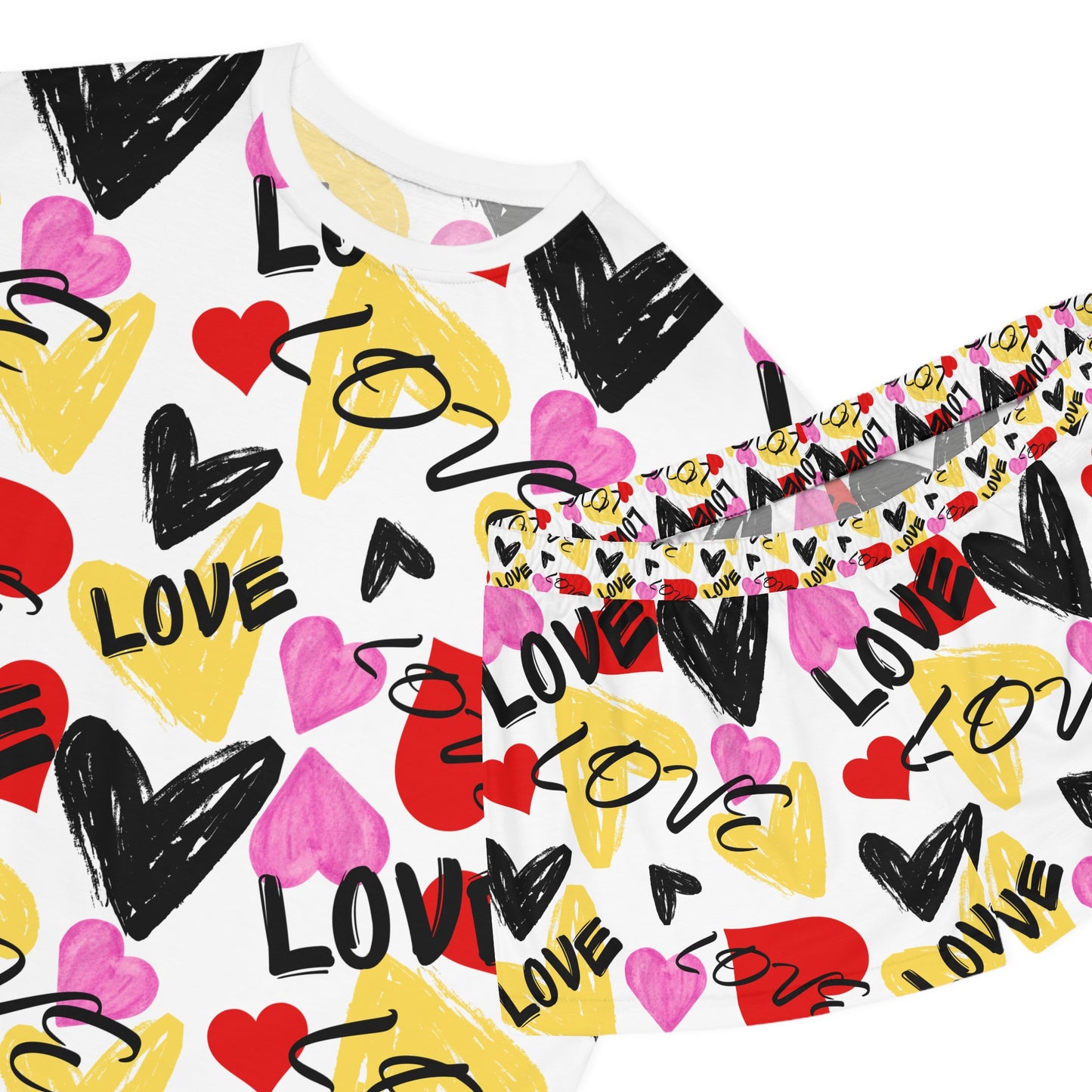 Love Heart Women's Pajama Set, Cute Sleepwear, Valentine’s Day Gift, Cozy Loungewear, AOP PJs, Heart Print Short Set
