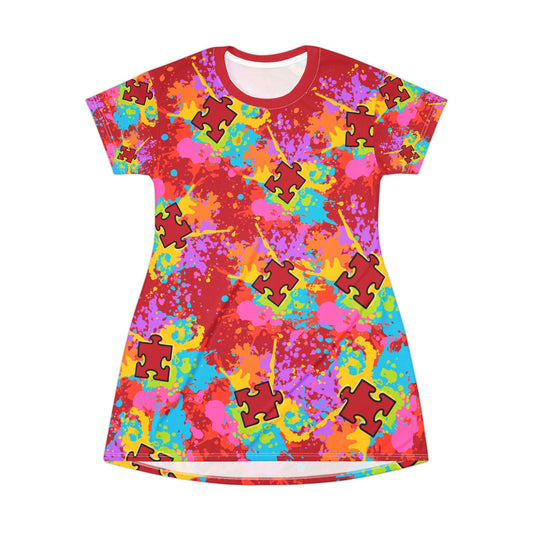 Puzzle Print T-Shirt Dress, Casual Summer Dress, Gift for Puzzle Lovers, Fun Day Out Dress, Unique Graphic Tee Dress