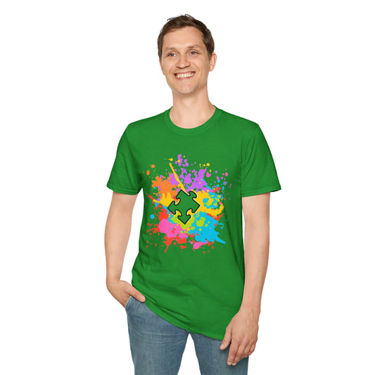 Vibrant Autism Puzzle Splash T-Shirt | Creative Gift for Art Lovers, Fun Casual Wear, Birthday Gift, Summer Style, Unique Graphic Tee