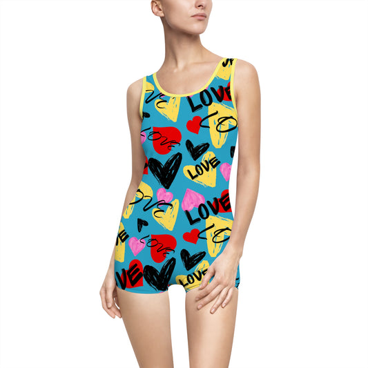 Swimsuit Vintage Love Hearts Graffiti Style Women's