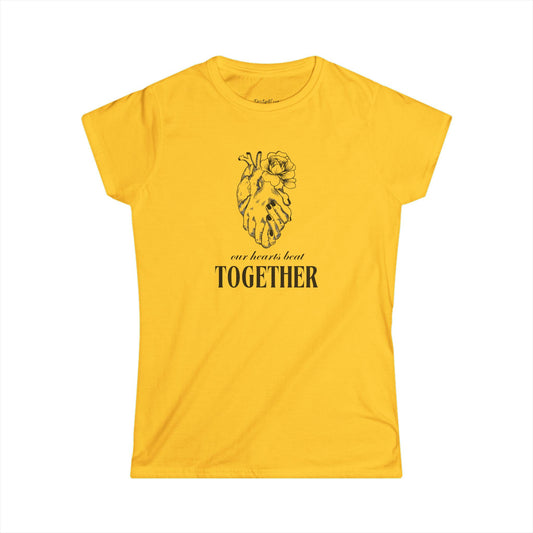 Heartfelt Together Women's Tee, Heartbeat Design T-Shirt, Gift for Her, Friendship Tee, Casual Wear, Yellow Softstyle Tee